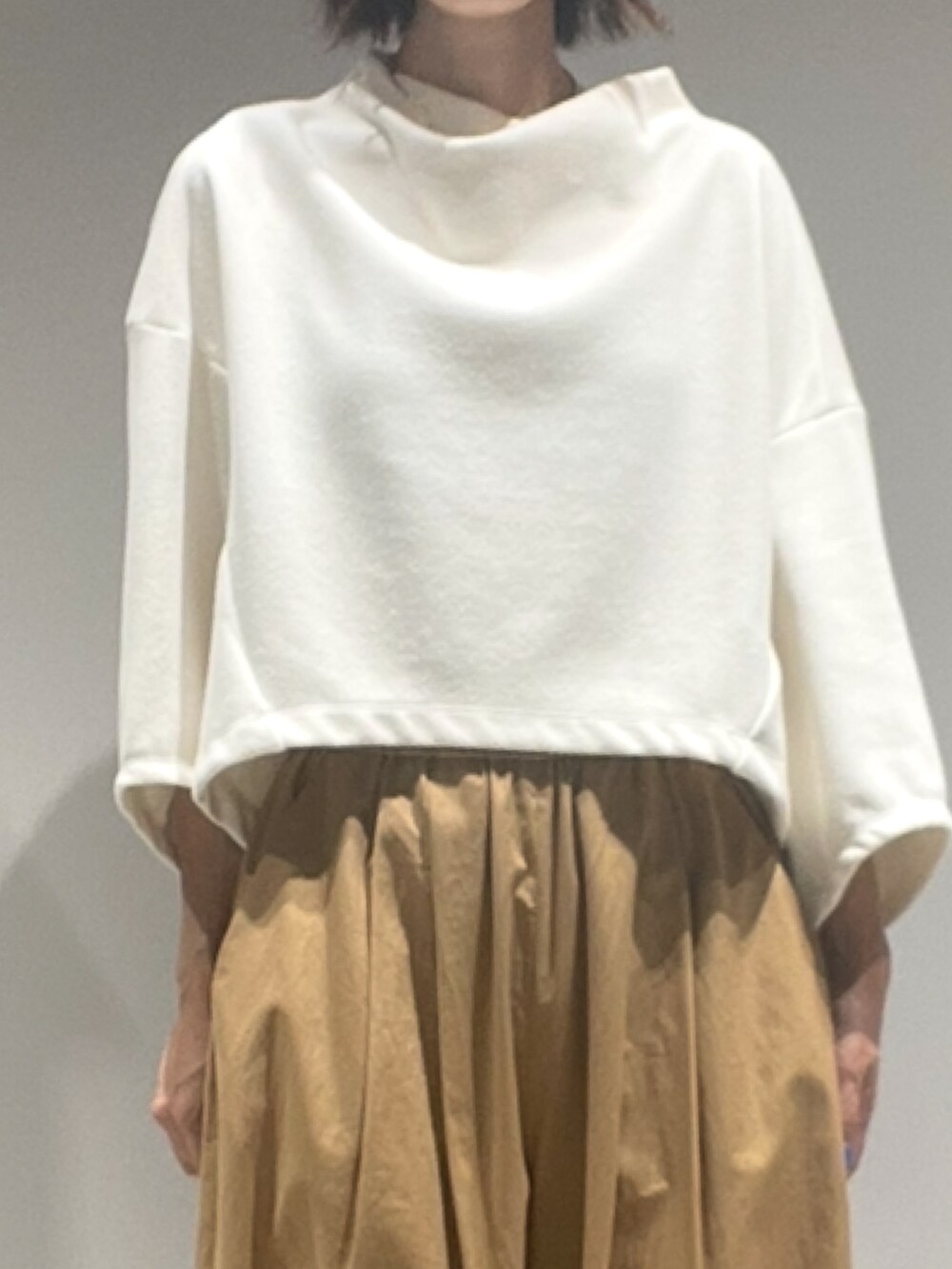 ホワイト系のTシャツ/カットソー、ベージュ系のカーゴパンツ、ホワイト系のショルダーバッグを着用したレディースの秋コーディネートの2枚目の写真