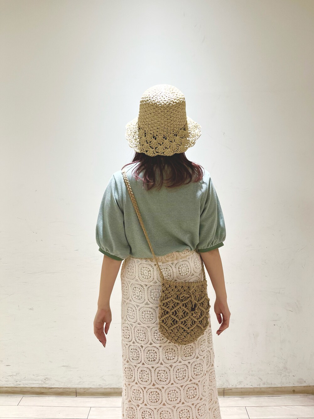 「春、春コーデ、夏コーデ、おでかけコーデ、ehka sopo、カラーコーデ」｜「ehka sopoのジャカードパフスリーブカットソー（Tシャツ/カットソー、グリーン系）」を使った、shiori(◡̈)/さん（レディース・163cm）の春コーディネートの5枚目の写真