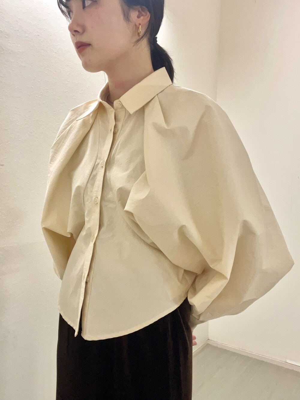 ブラウン系のスカート、ベージュ系のシャツ/ブラウスを着用したレディースの秋コーディネートの2枚目の写真