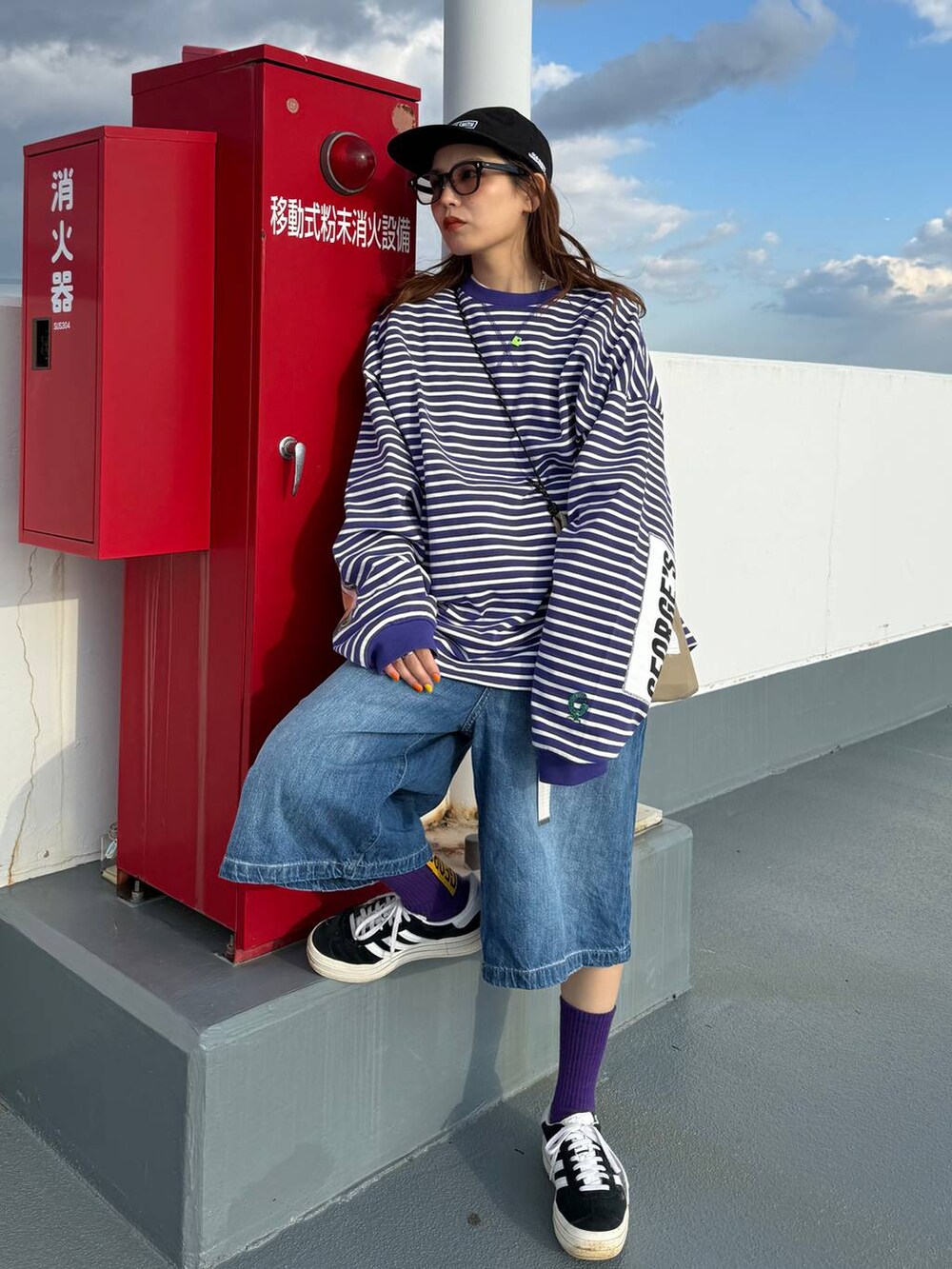 ベージュ系のショルダーバッグ、ブルー系のデニムパンツ、ブラック系のキャップを着用したレディースの春コーディネートの3枚目の写真