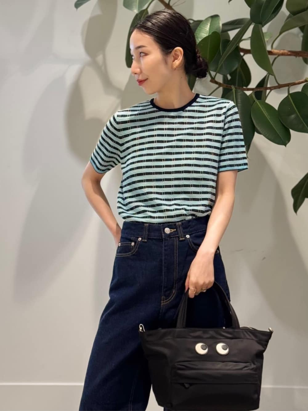 「TOMORROWLAND、TOMORROWLAND .B、トゥモローランド、MACPHEE、ballsey、Anya Hindmarch、PALOMA BARCELO、MARIHA、ボーダーニット、ラメニット、デニム、半袖シャツ」｜「TOMORROWLAND のコットンジャージー キャミソール（キャミソール、ホワイト系）」を使った、Nito_TOMORROWLANDさん（レディース・158cm）の夏コーディネートの5枚目の写真