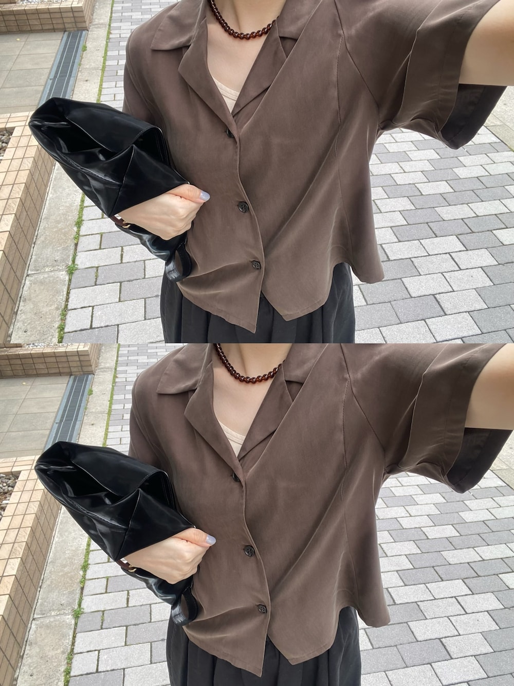 ブラック系のスカート、ブラウン系のシャツ/ブラウス、ブラック系のサンダルを着用したレディースの夏コーディネートの6枚目の写真