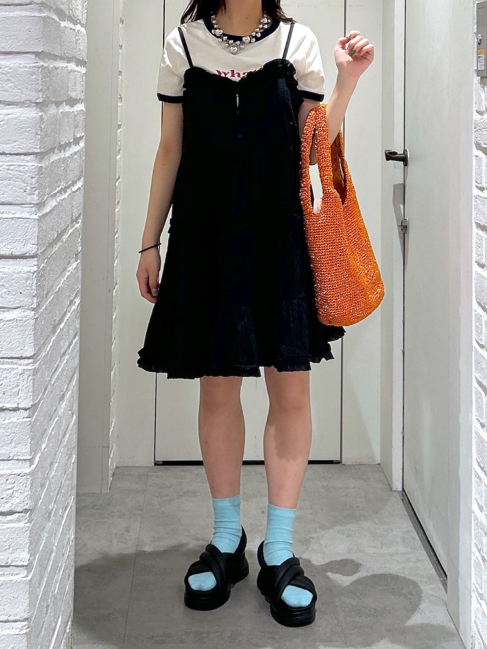 「FREE'S MARTの◆コットンティアードキャミミニワンピース（ワンピース、ブラック系）」を使った、yurm6さん（レディース・153cm）の夏コーディネートの8枚目の写真
