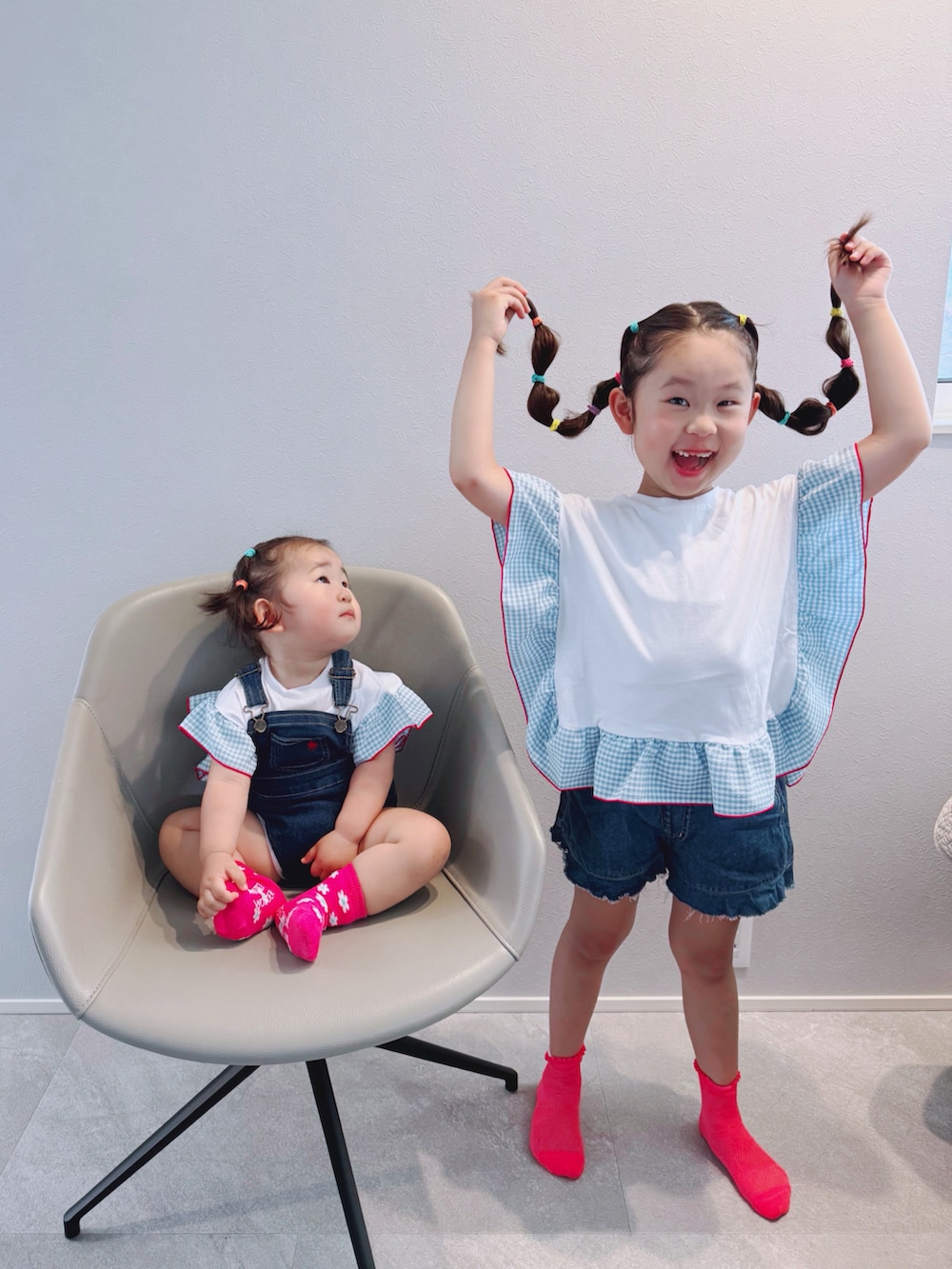 「しまむら、しまむらairiコラボ、リンクコーデ、姉妹コーデ」｜「しまむらのアイテム（Tシャツ/カットソー、ホワイト系）」を使った、punipuni1212さん（キッズ・120cm）の夏コーディネートの2枚目の写真