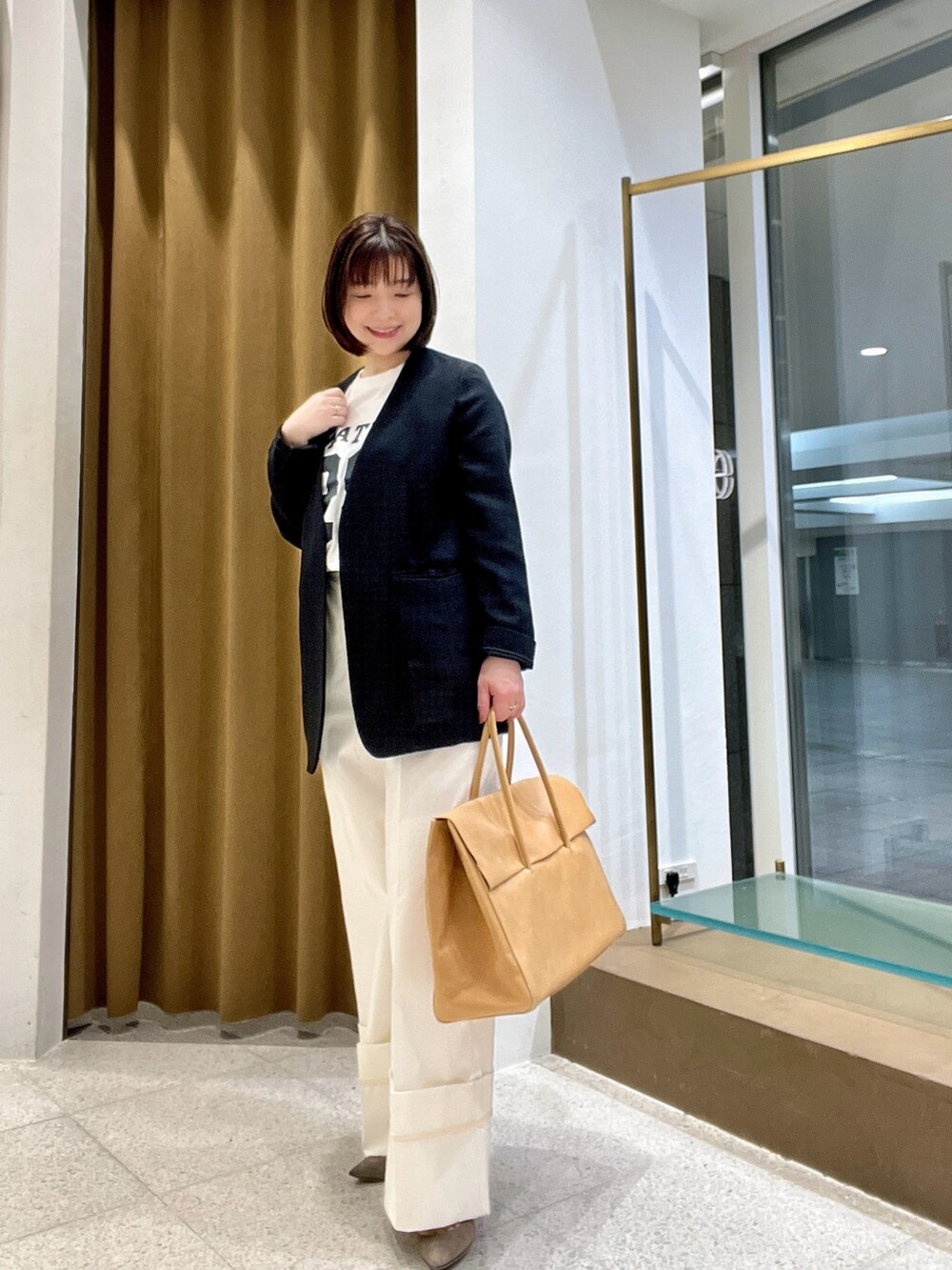 「春コーデ、ジャケット、ジャケットスタイル、大人コーデ」｜「Whim Gazetteのジュートライクノーカラージャケット（ノーカラージャケット、ブラック系）」を使った、whimkumagaiさん（レディース・153cm）の春コーディネートの2枚目の写真