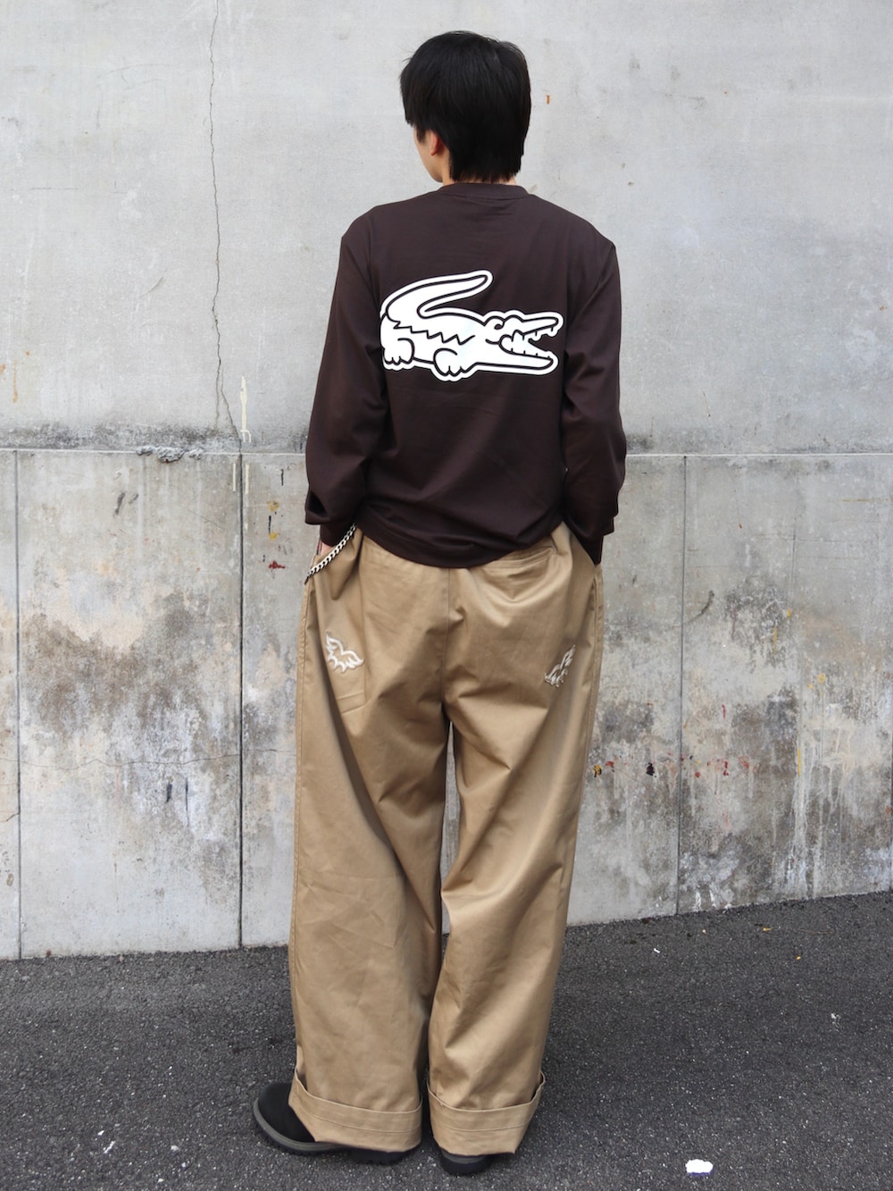 ブラウン系のTシャツ/カットソー、ベージュ系のチノパンツ、ブラウン系のネクタイを着用したメンズの秋コーディネートの2枚目の写真