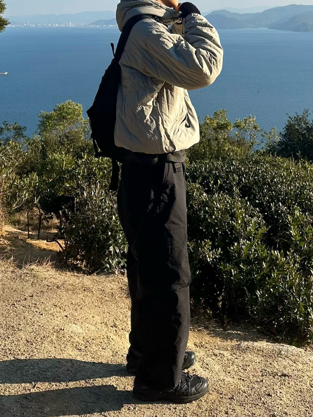 ブラック系のスニーカー、その他のメッセンジャーバッグ、ブラック系のカーゴパンツを着用したメンズの冬コーディネートの4枚目の写真