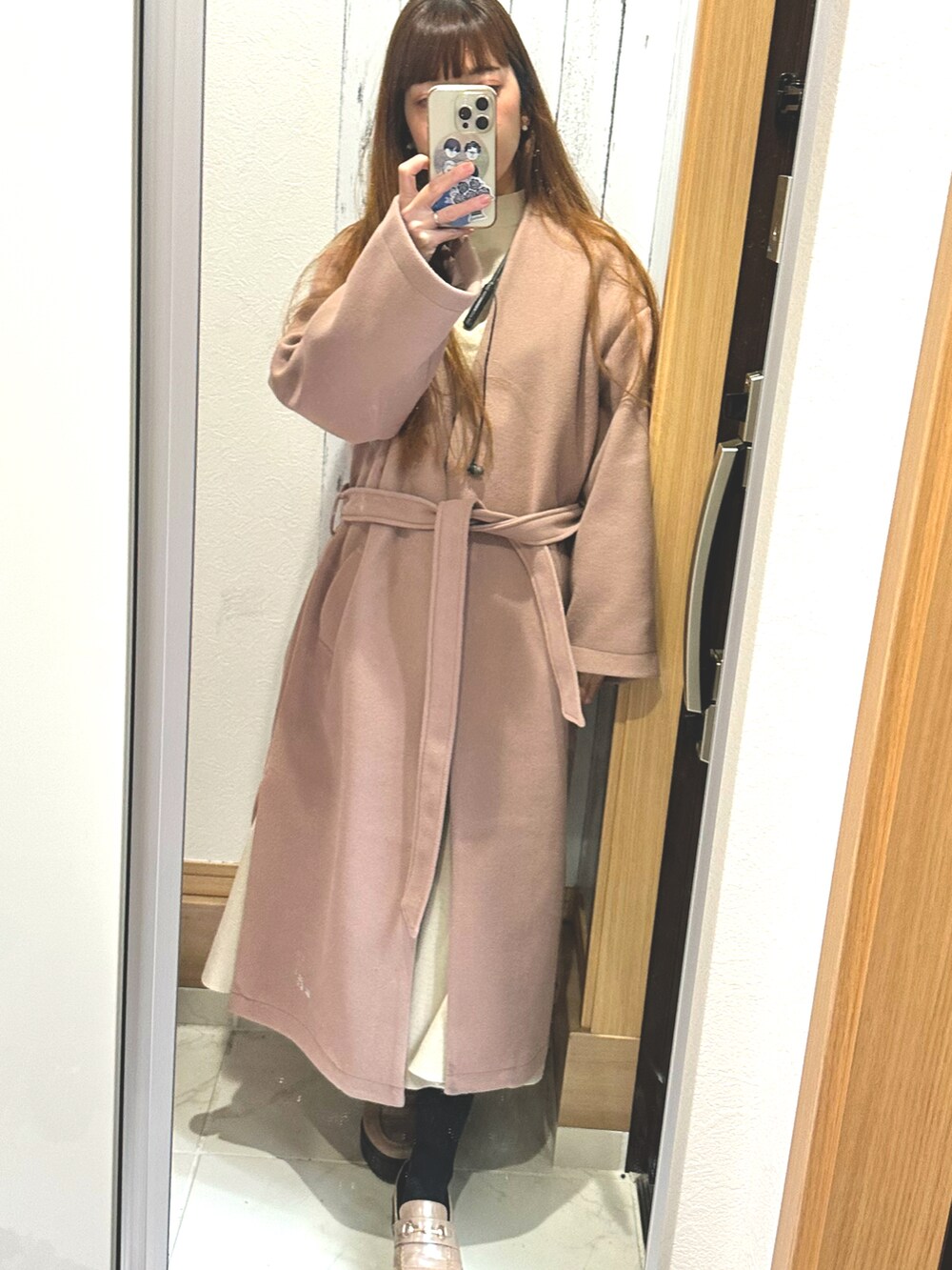 「春コーデ、春カラー、春服デビュー宣言、セットアップ、snidel、アウター、襟なしコート、ノーカラーコート、30代コーデ、ママコーデ、アラフォー、低身長」｜「Shelly islandのベルト付きノーカラーコート（ノーカラーコート、ベージュ系）」を使った、♡indigolovE♡さん（レディース・152cm）の春コーディネートの2枚目の写真
