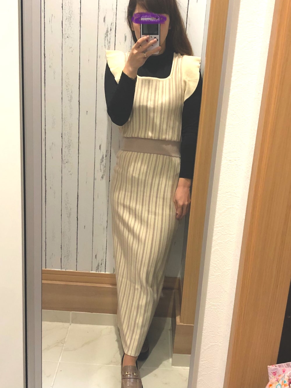 「春服みてみて、ストライプ、ストライプワンピース、肩フリル、ワンピース、ニットワンピース、今日のコーデ、スリット、スリットワンピース、低身長」｜「RESEXXYのラッフルデザインニットワンピース（ワンピース、その他）」を使った、♡indigolovE♡さん（レディース・152cm）の春コーディネートの3枚目の写真