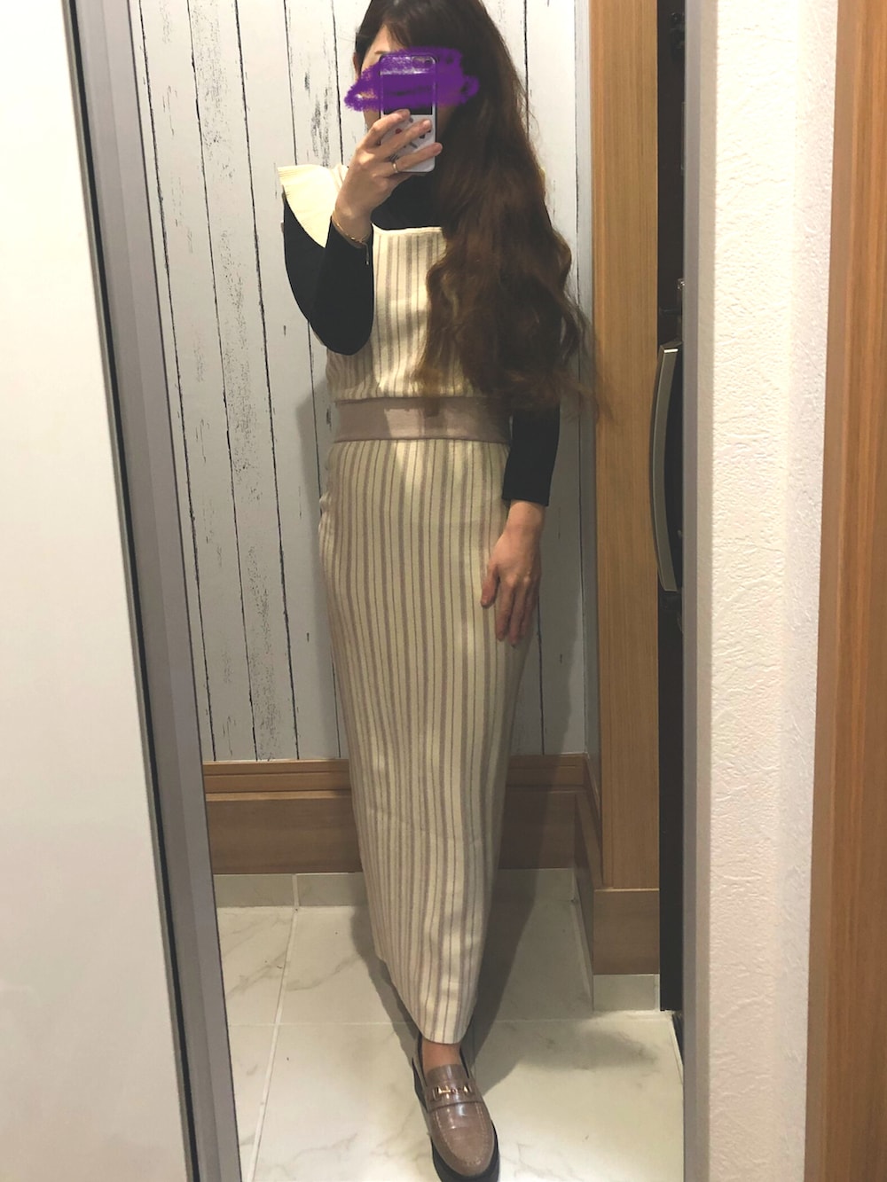 「春服みてみて、ストライプ、ストライプワンピース、肩フリル、ワンピース、ニットワンピース、今日のコーデ、スリット、スリットワンピース、低身長」｜「RESEXXYのラッフルデザインニットワンピース（ワンピース、その他）」を使った、♡indigolovE♡さん（レディース・152cm）の春コーディネートの2枚目の写真