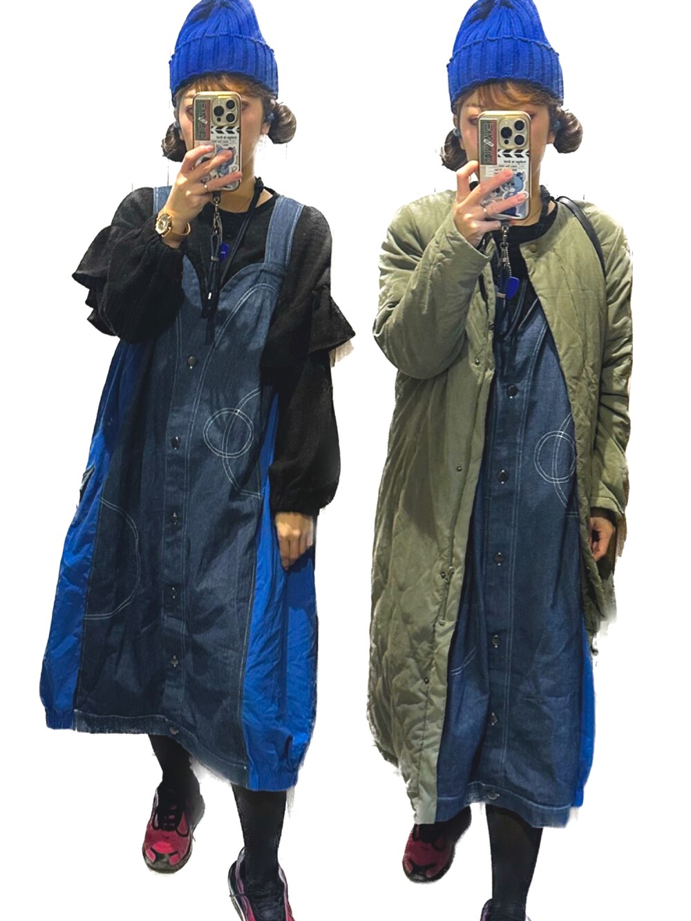 ブラック系のTシャツ/カットソー、ブルー系のワンピース/ドレス、ブルー系のニットキャップ/ビーニーを着用したレディースの冬コーディネートの2枚目の写真
