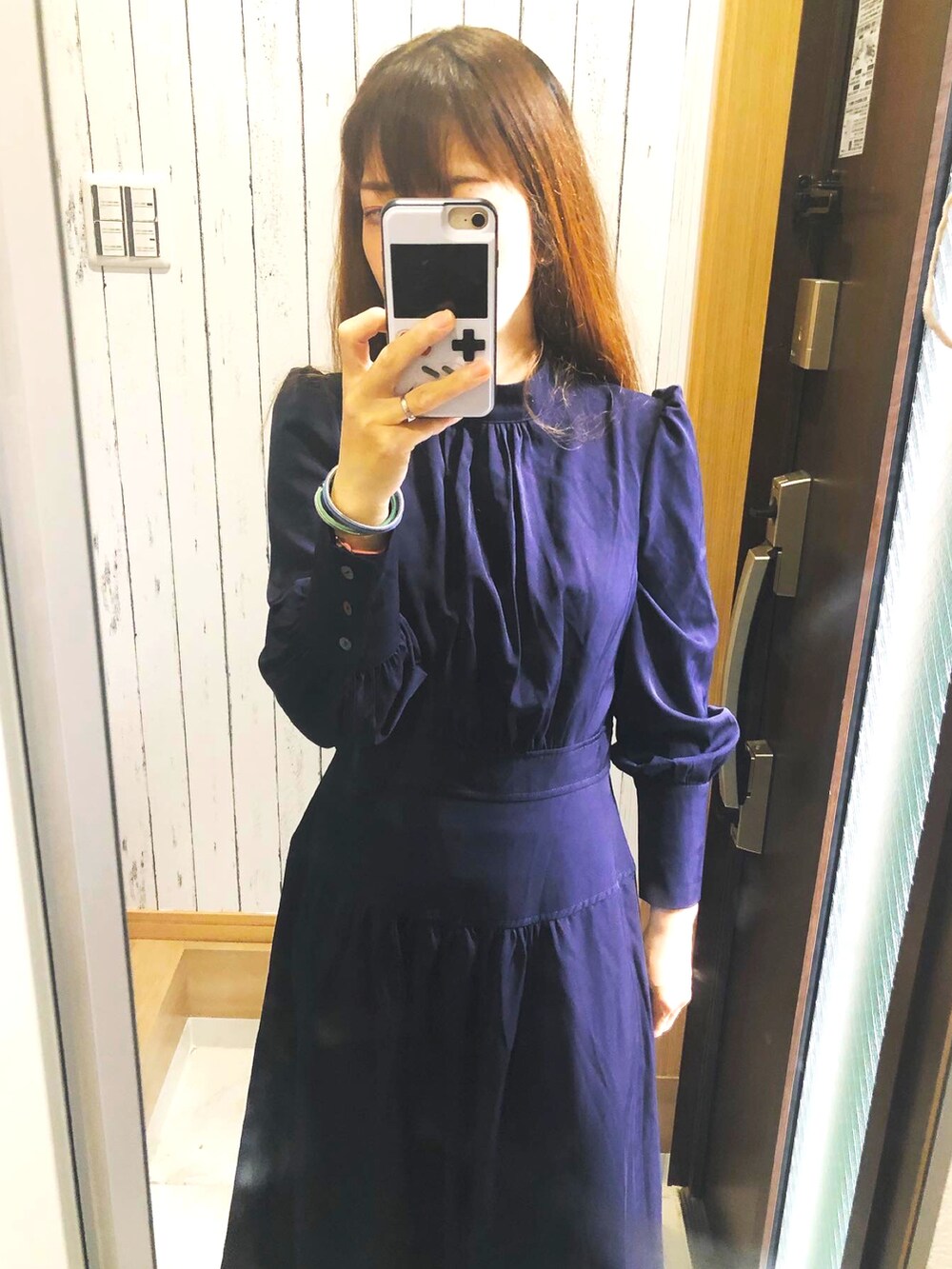 「秋先取りコーデ、長袖ワンピース、紺、フォーマル、ローファー、授業参観、30代コーデ、30代ファッション、ママコーデ、ママファッション、おしゃれさんと繋がりたい、低身長、かっちり、キレイめ、パフスリーブ」｜「アリババのアイテム（ワンピース、ブルー系）」を使った、♡indigolovE♡さん（レディース・152cm）の秋コーディネートの2枚目の写真