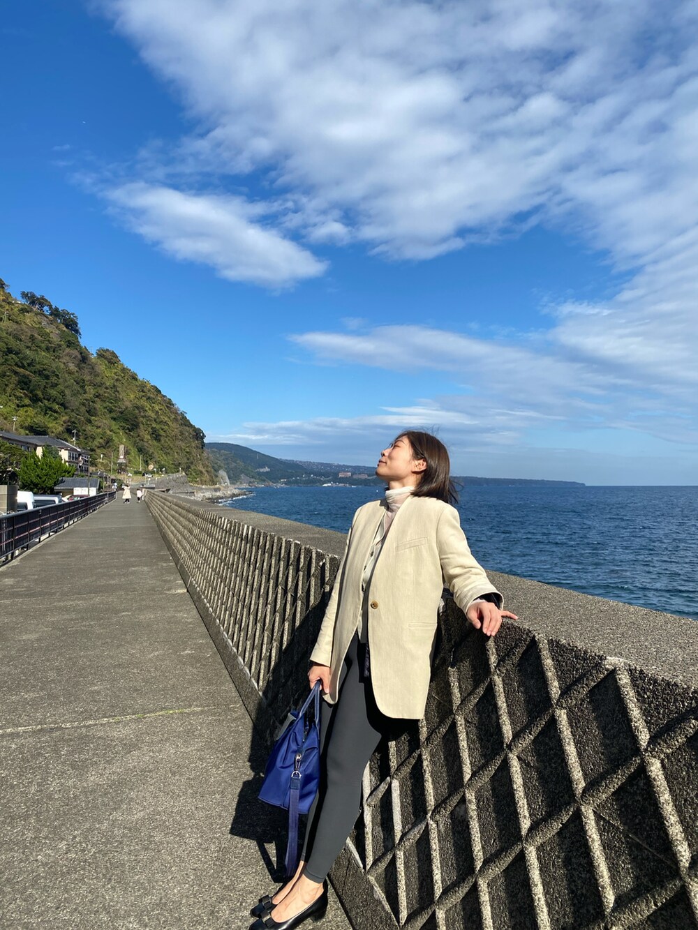 ベージュ系のテーラードジャケット、グレー系のその他パンツ、ブルー系のトートバッグを着用したレディースの冬コーディネートの3枚目の写真