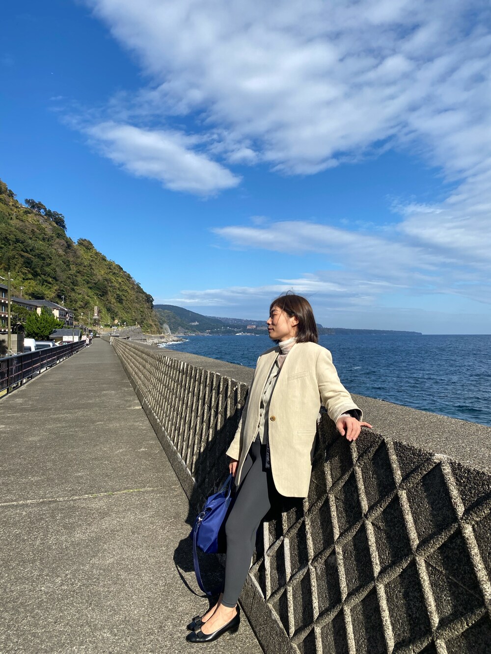 ベージュ系のテーラードジャケット、グレー系のその他パンツ、ブルー系のトートバッグを着用したレディースの冬コーディネートの2枚目の写真