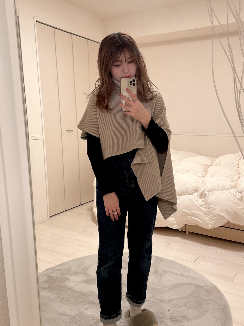 「低身長コーデ、オトナカジュアル、ニット、韓国ファッション、デニム」｜「rili tokyoのアイテム（ニット/セーター、ベージュ系）」を使った、hakanaさん（レディース・148cm）の冬コーディネートの2枚目の写真