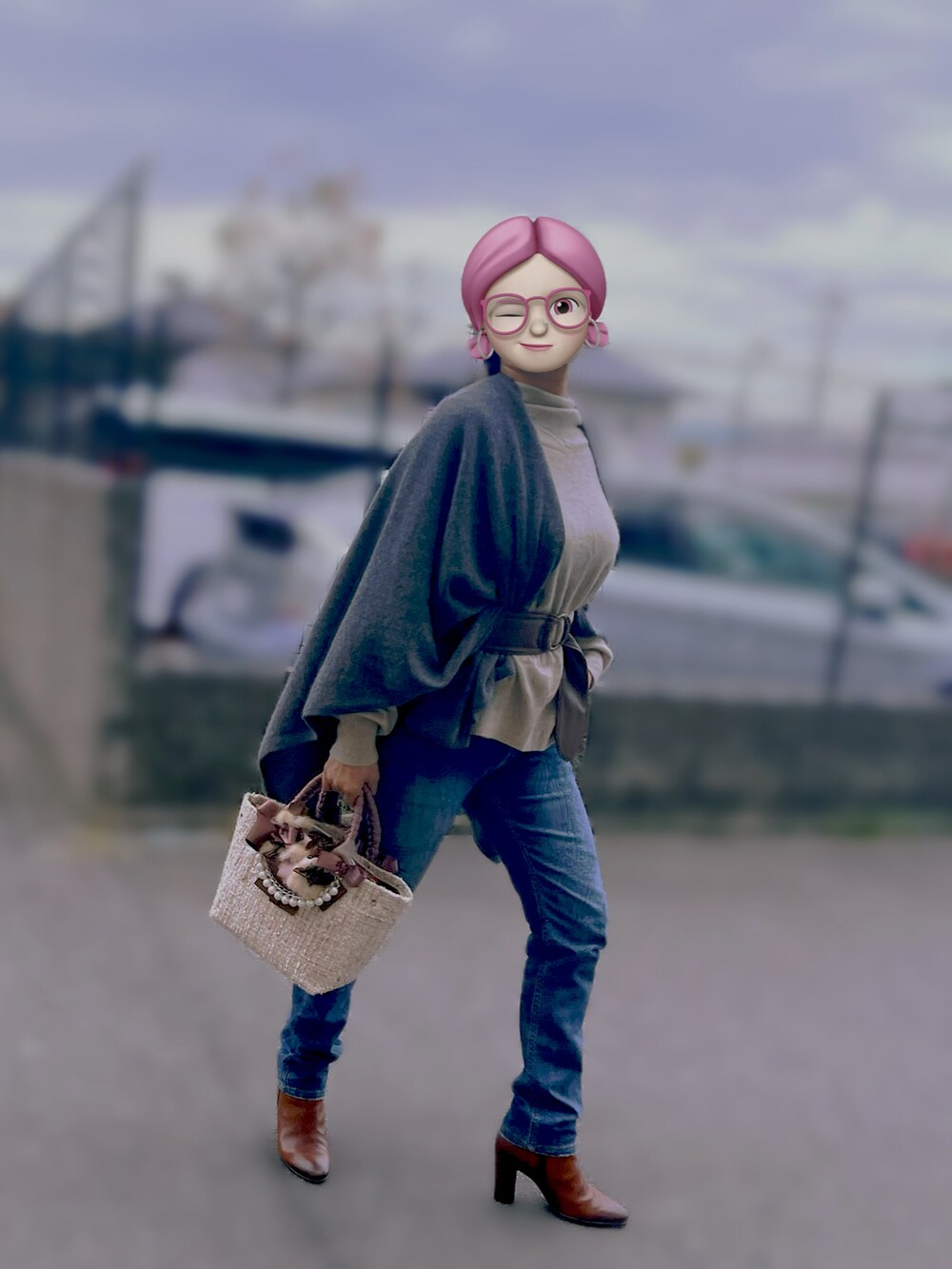 ブルー系のデニムパンツ、レッド系のブーツ、ベージュ系のトップスを着用したレディースの秋コーディネートの2枚目の写真