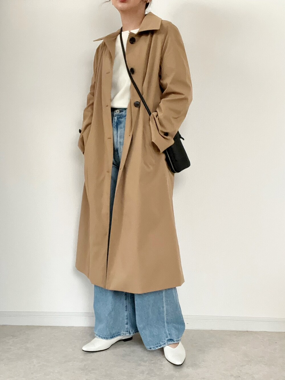 「春服デビュー宣言、GU、春コーデ、春コート、ボーダー、ワイドパンツ、エアマックス」｜「OPAQUE.CLIPのオーガニックコットン ボートネックニット【7色展開】（ニット/セーター、ホワイト系）」を使った、maiko さん（骨格ウェーブ・レディース・159cm）の春コーディネートの2枚目の写真