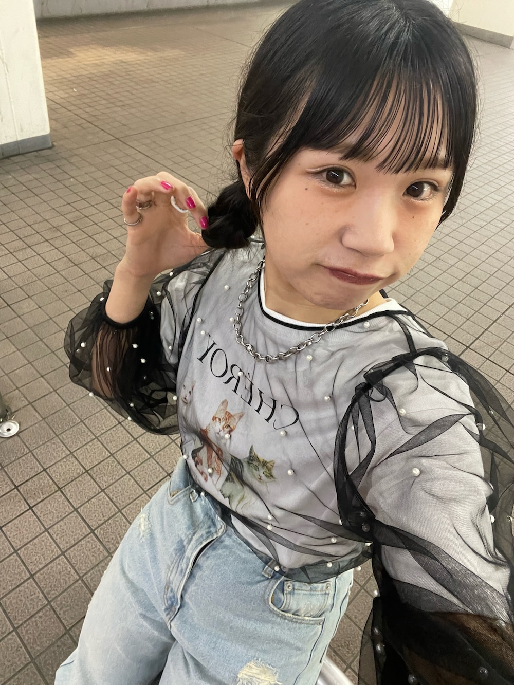 「このスタイルがお気に入り、今日のコスメと服、カジュアルコーデ、Tシャツコーデ、大人カジュアル、パンツコーデ、夏コーデ、アニマルＴシャツ、白Tシャツ、カーブパンツ、デニム、チュール、シアートップス、レイヤードスタイル、お洒落さんとつながりたい」｜「DISCOATのアソートアニマルTシャツ（Tシャツ/カットソー、ホワイト系）」を使った、ponさん（レディース・163cm）の夏コーディネートの2枚目の写真