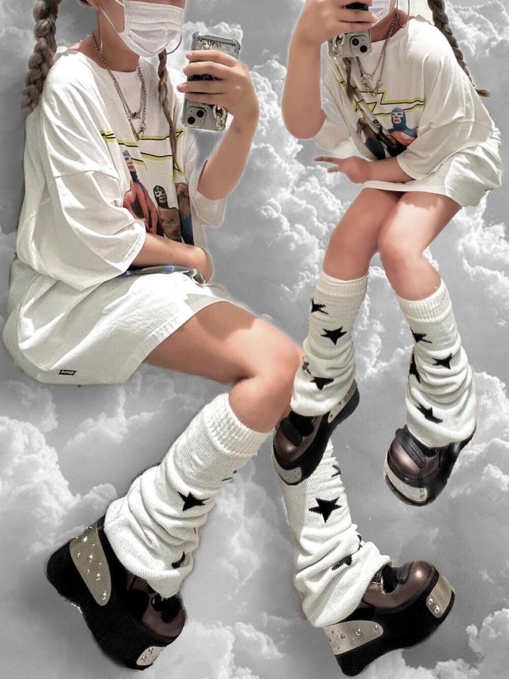 「y2k、ootd、outfit、오오티디、XU、streetstyle、youthbath、dog、レッグウォーマー、Demonia、nastyfancyclub、xustaff」｜「youth bathのアイテム（Tシャツ/カットソー、ホワイト系）」を使った、M E Iさん（レディース・162cm）の夏コーディネートの2枚目の写真