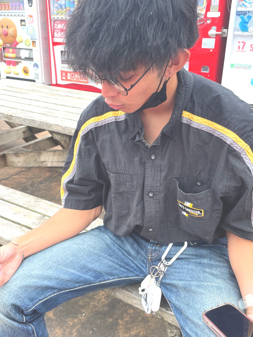 「古着、アメカジ、メガネ男子」｜「Harley-Davidsonのアイテム（シャツ/ブラウス、ブラック系）」を使った、monkey0424さん（メンズ・167cm）の夏コーディネートの2枚目の写真
