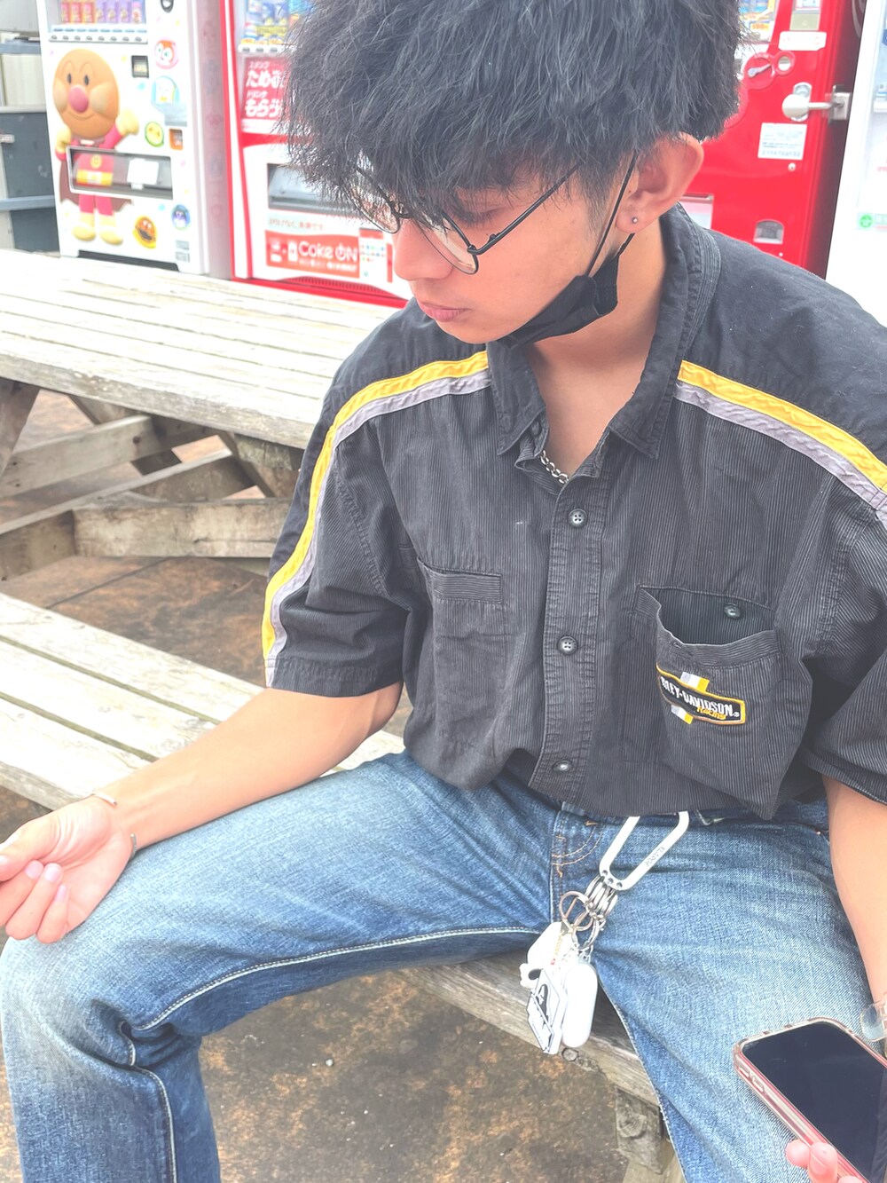 「古着、アメカジ、メガネ男子」｜「Harley-Davidsonのアイテム（シャツ/ブラウス、ブラック系）」を使った、monkey0424さん（メンズ・167cm）の夏コーディネートの3枚目の写真