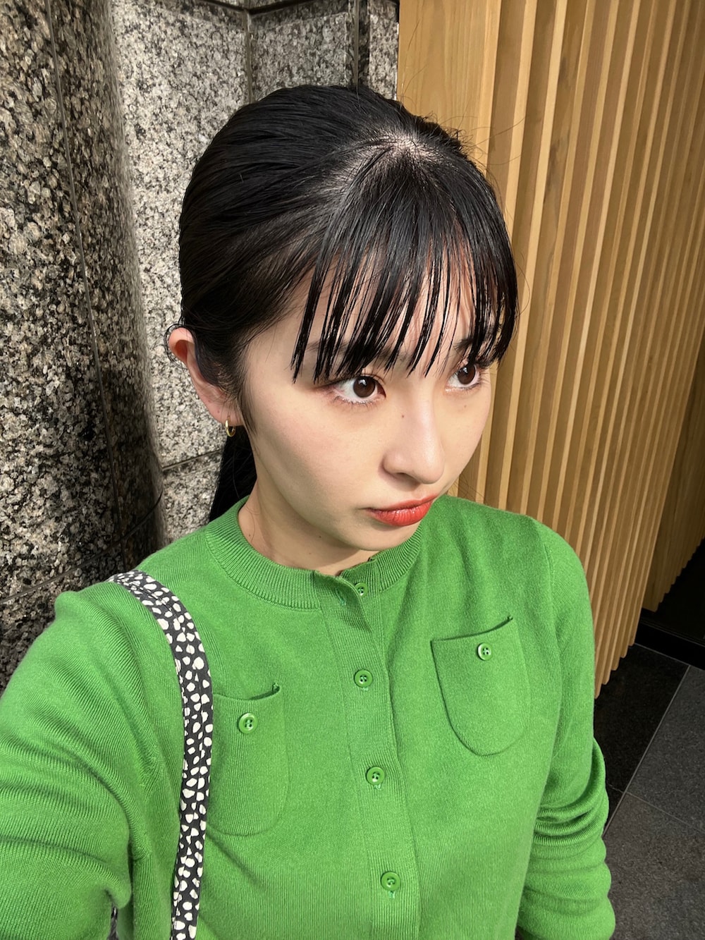 ブラック系のスラックス、グリーン系のカーディガン/ボレロ、ベージュ系のコンシーラーを着用したレディースの冬コーディネートの2枚目の写真