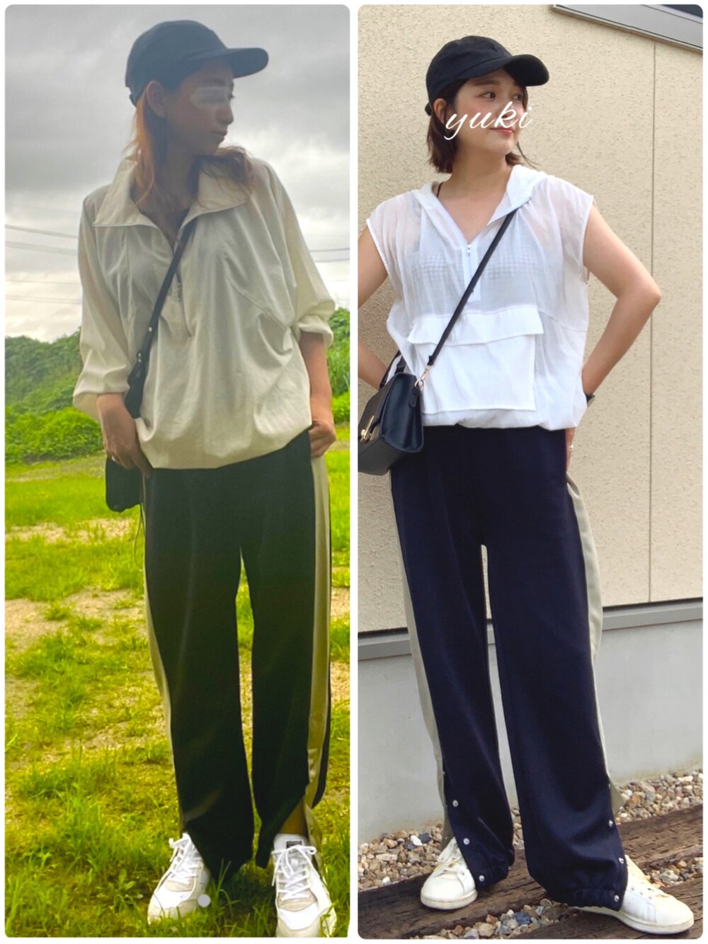 ホワイト系のベスト、ブルー系のスウェットパンツ、ホワイト系のスニーカーを着用したレディースの夏コーディネートの3枚目の写真