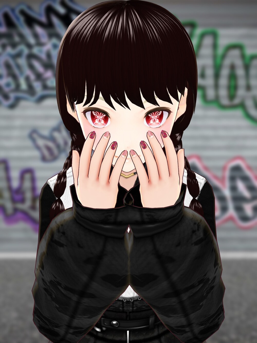 「wearhalloween2021、VRoid、バーチャルファッション、カラコン、ハロウィン」｜「夢箱堂のアイテム（シャツ/ブラウス、ブラック系）」を使った、八雲ももさん（レディース・160cm）の秋コーディネートの2枚目の写真