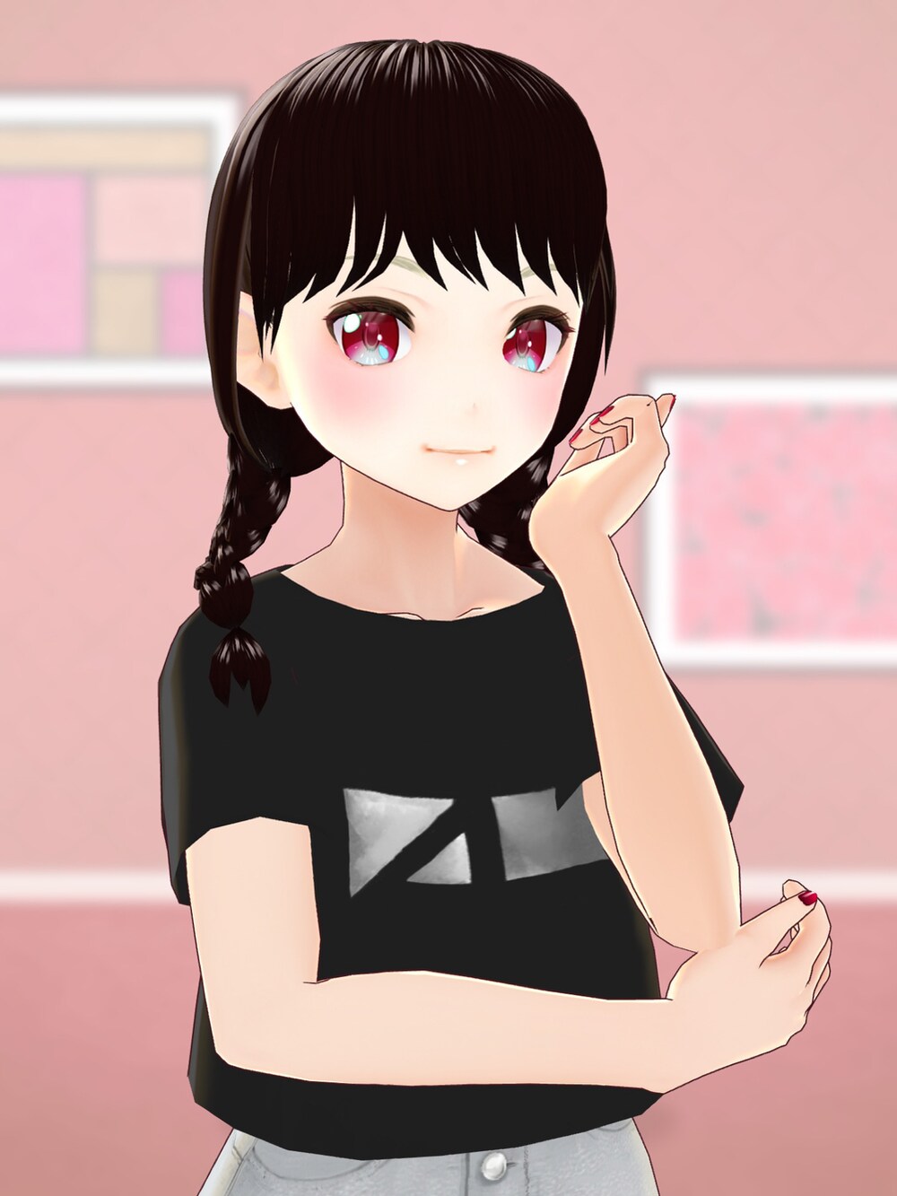 グレー系のデニムスカート、ブラック系のTシャツ/カットソー、ピンク系のスニーカーを着用したレディースの秋コーディネートの2枚目の写真