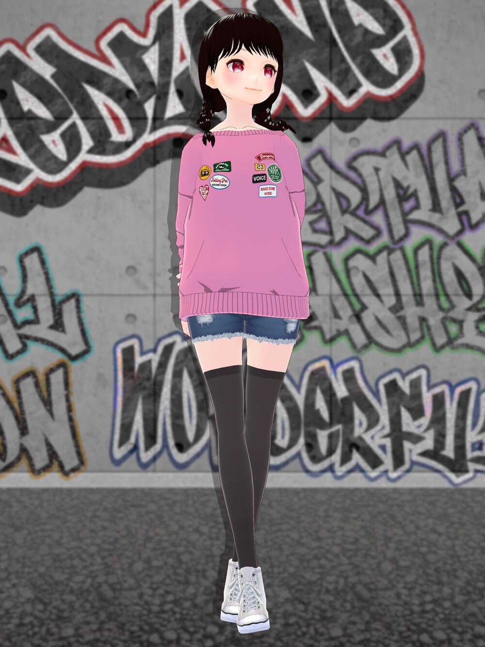 「SPINNS、SPINNSコーデ、クルーネック、スウェット、お洒落さんとつながりたい、VRoid、バーチャルファッション」｜「SPINNSのランダムワッペン クルーネックスウェット（スウェット、ピンク系）」を使った、八雲ももさん（レディース・160cm）の冬コーディネートの2枚目の写真