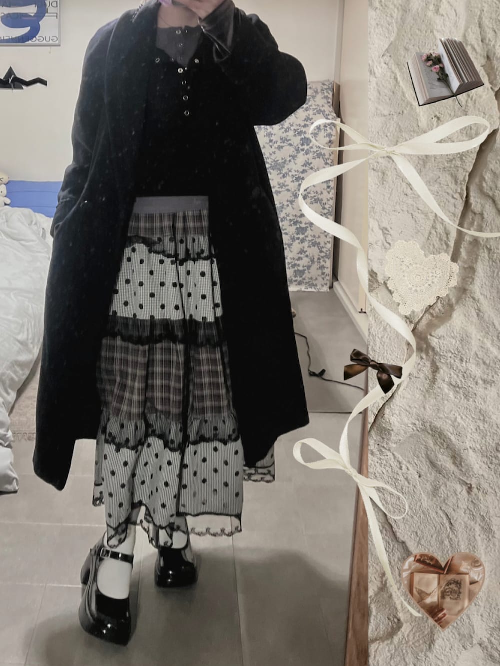 ブラック系のジャケット/アウター、ブラック系のTシャツ/カットソー、グレー系のスカートを着用したレディースの冬コーディネートの2枚目の写真