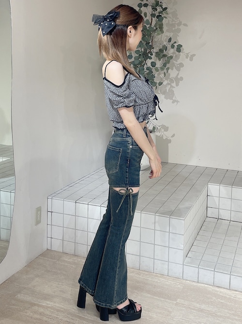 RESEXXY リゼクシー カットアウトリボンデニムパンツ アイス