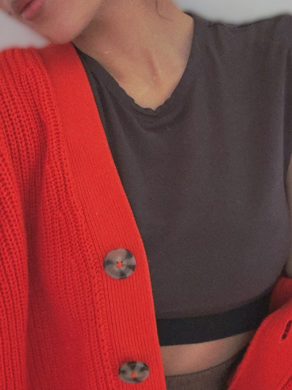 ブラウン系のTシャツ/カットソー、レッド系のニット/セーター、ブラウン系のスウェットパンツを着用したレディースの冬コーディネートの2枚目の写真