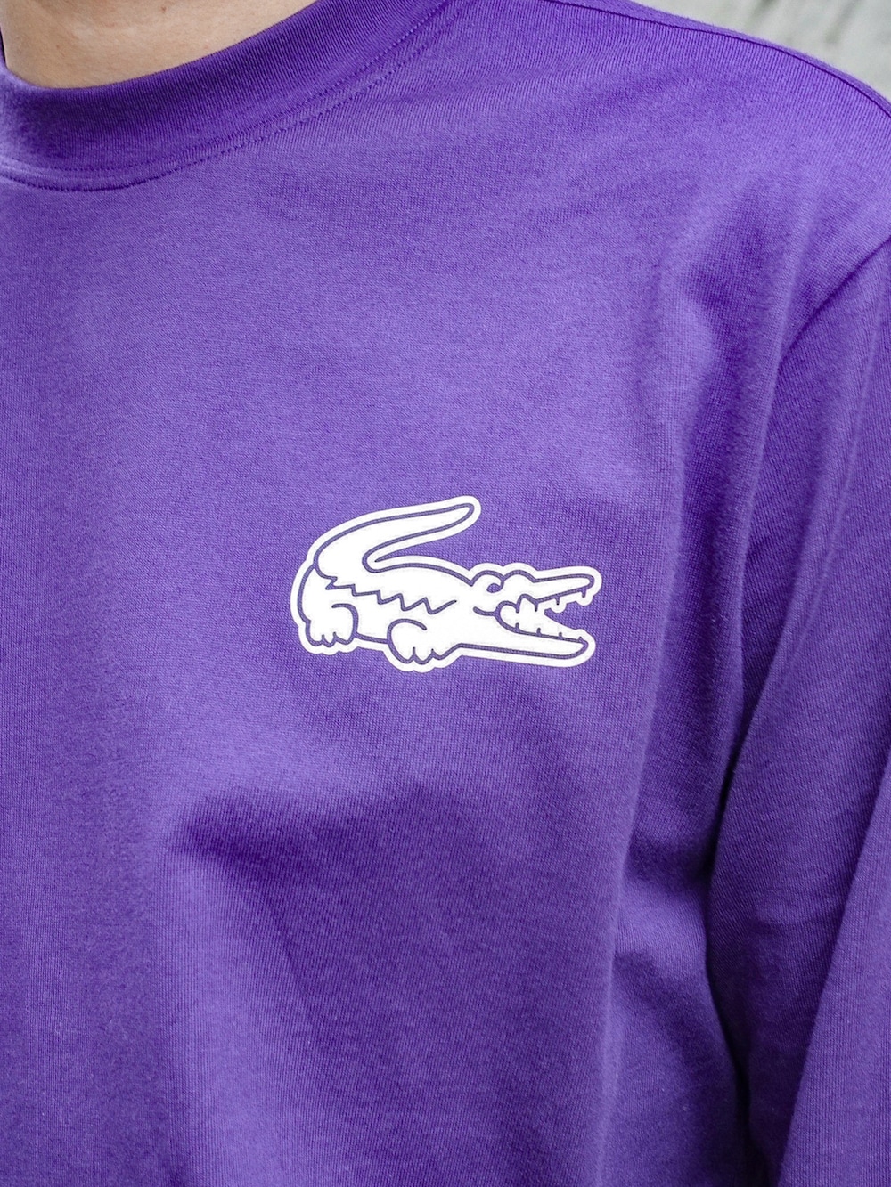 パープル系のTシャツ/カットソー、グレー系のスラックス、ブラック系のブルゾンを着用したメンズの秋コーディネートの2枚目の写真