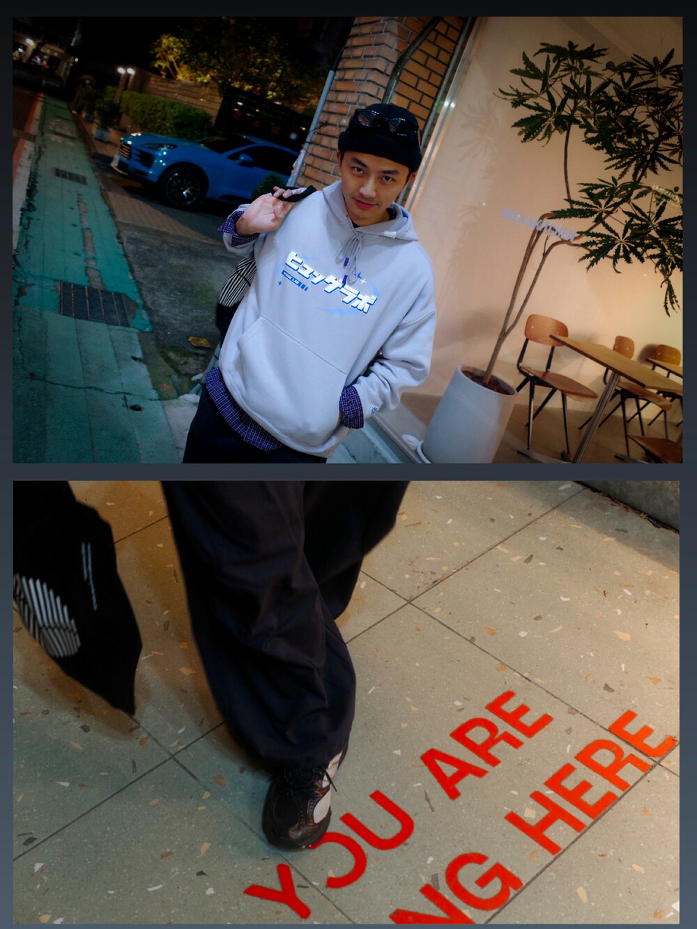 パープル系のシャツ/ブラウス、ブラック系のチノパンツ、ブラック系のメガネを着用したメンズの春コーディネートの2枚目の写真