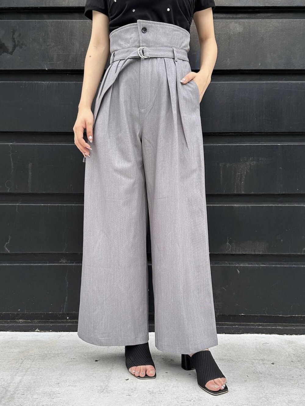 グレー系のその他パンツ、ブラック系のTシャツ/カットソーを着用したレディースの夏コーディネートの2枚目の写真