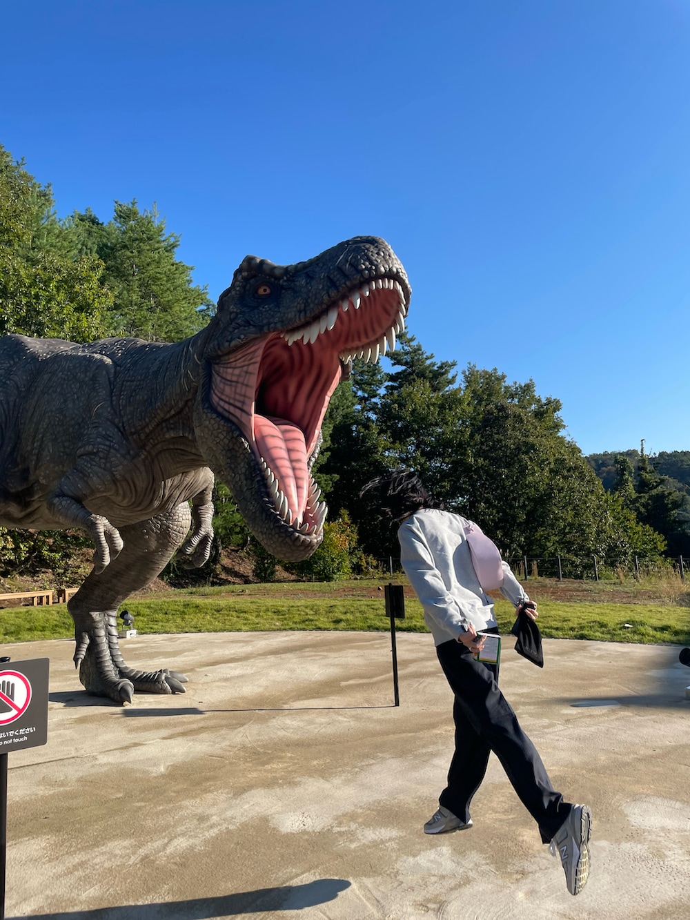 ピンク系のショルダーバッグ、ブルー系のスラックスを着用したレディースの秋コーディネートの4枚目の写真