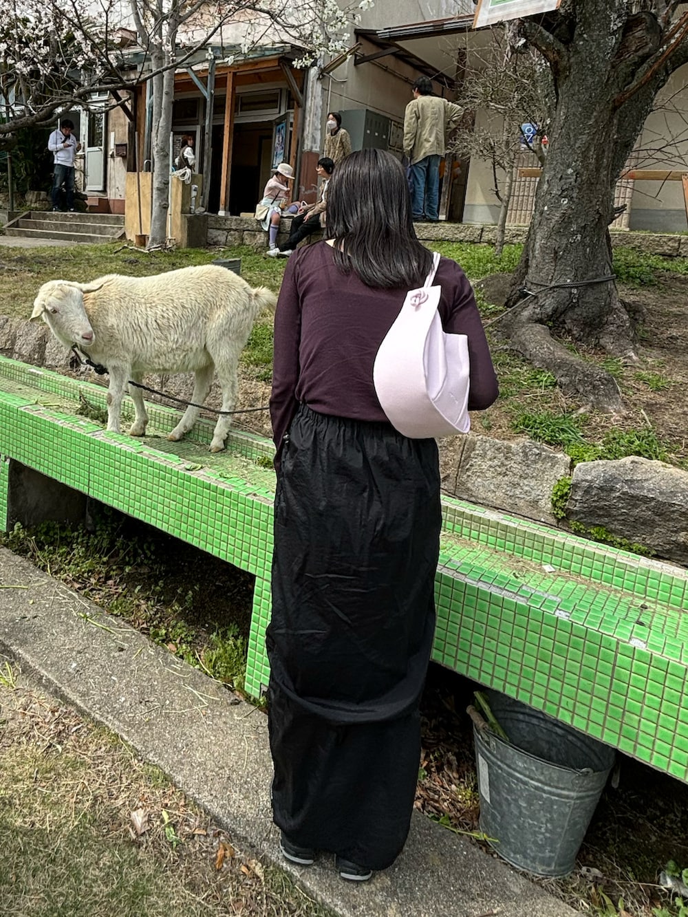 ブラウン系のTシャツ/カットソー、ブラック系のスカート、ピンク系のショルダーバッグを着用したレディースの春コーディネートの3枚目の写真