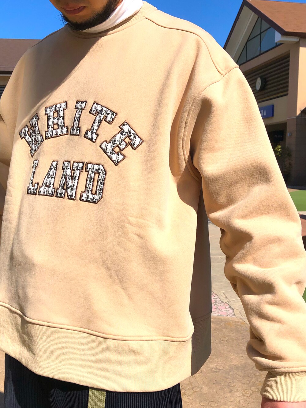「whiteland、OUTLET、カジュアルコーデ、スウェット、カレッジスウェット、カレッジロゴ」｜「WHITELANDの【LAB限定】WHITELAND/ホワイトランド/カレッジロゴスウェット（スウェット、ベージュ系）」を使った、ツネマツさん（メンズ・187cm）の冬コーディネートの3枚目の写真
