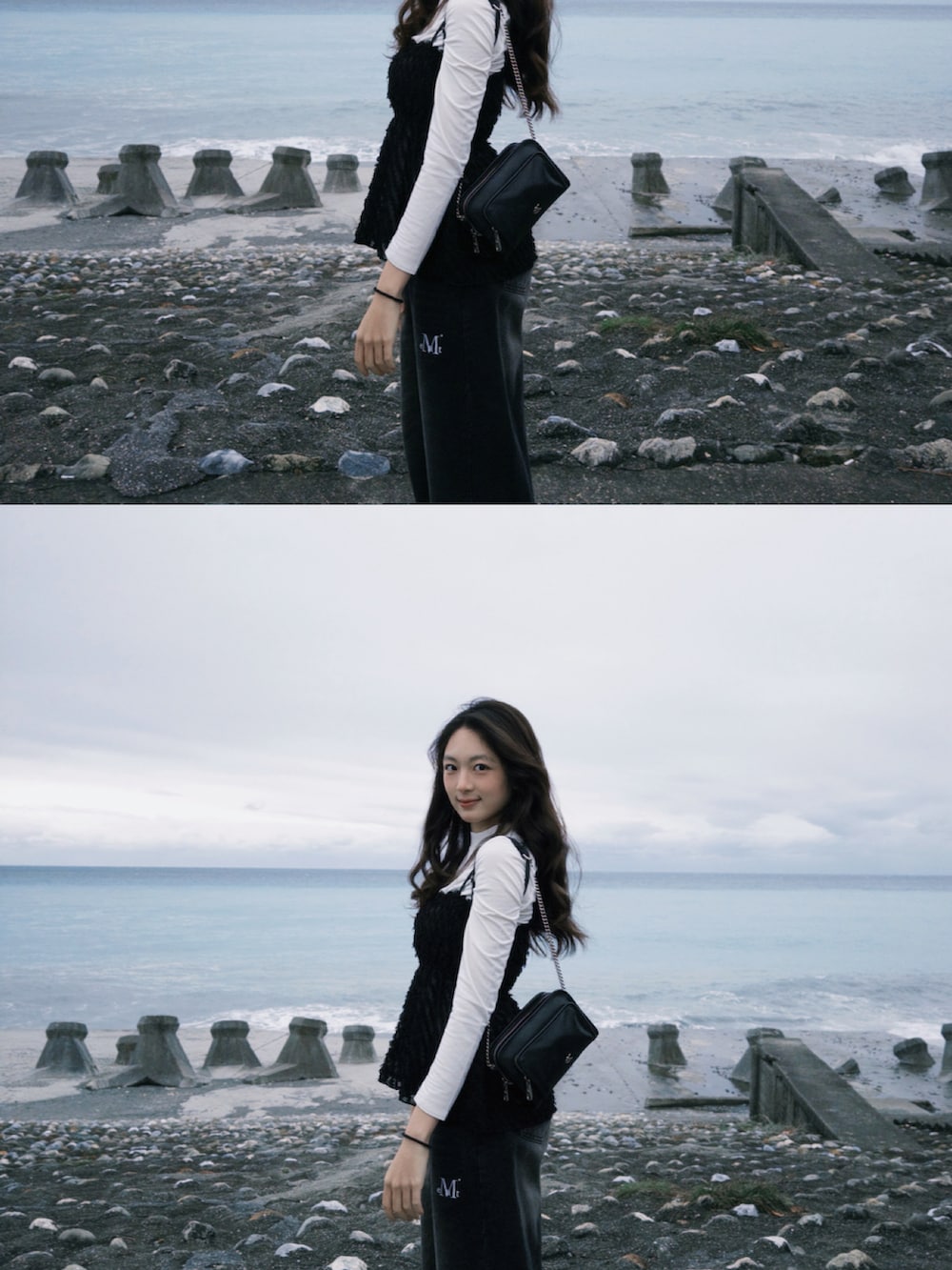 ブルー系のデニムパンツ、ブラック系のキャミソール、ブラック系のショルダーバッグを着用したレディースの春コーディネートの2枚目の写真