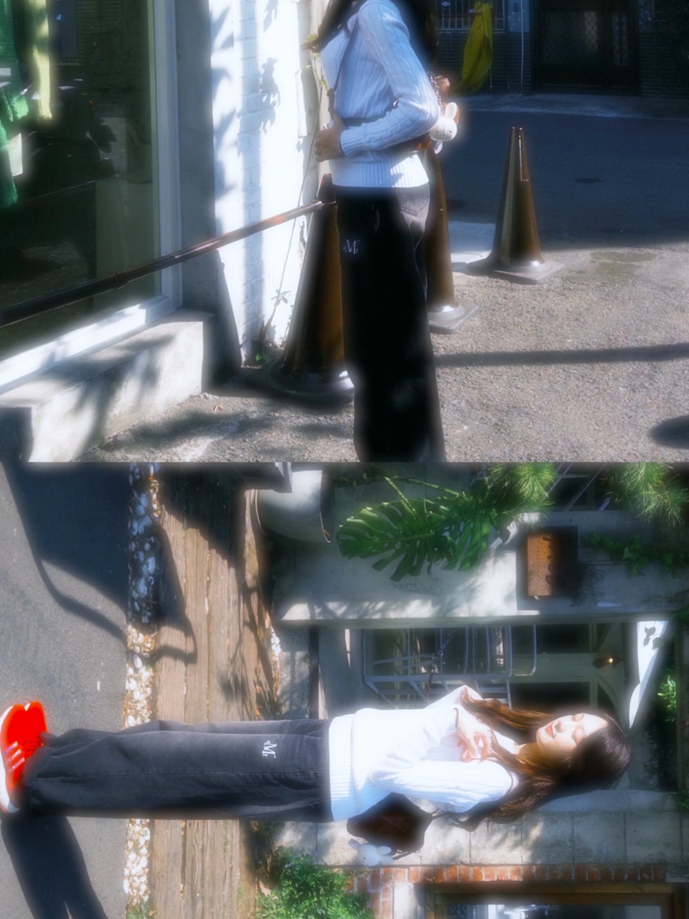 ホワイト系のカーディガン/ボレロ、ブラック系のデニムパンツ、レッド系のスニーカーを着用したレディースの冬コーディネートの2枚目の写真