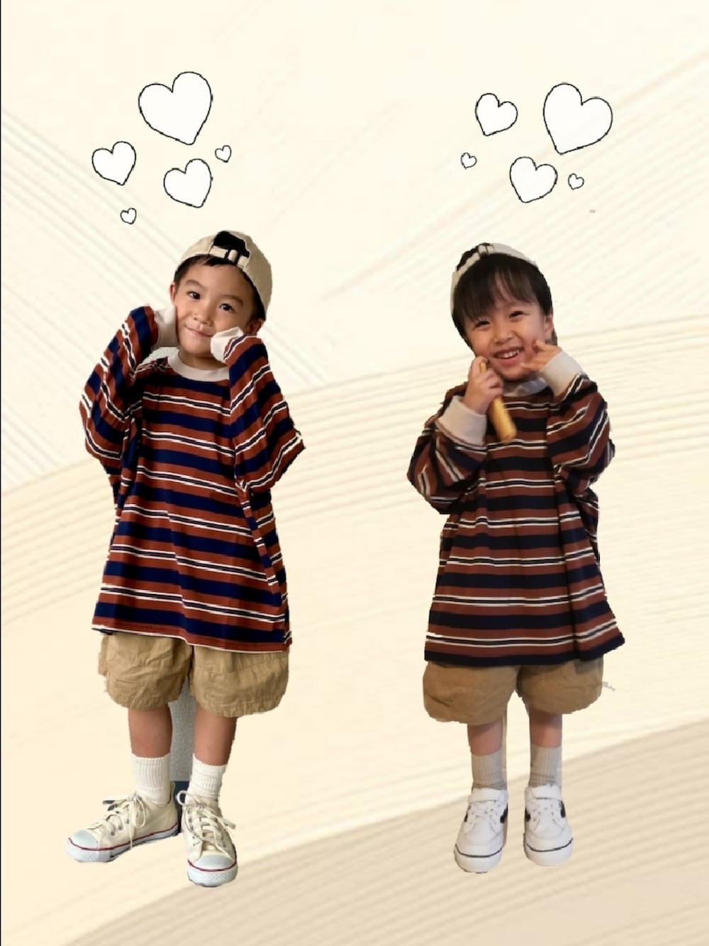 ブルー系のTシャツ/カットソー、ベージュ系のその他パンツ、ホワイト系のスニーカーを着用したキッズの秋コーディネートの5枚目の写真