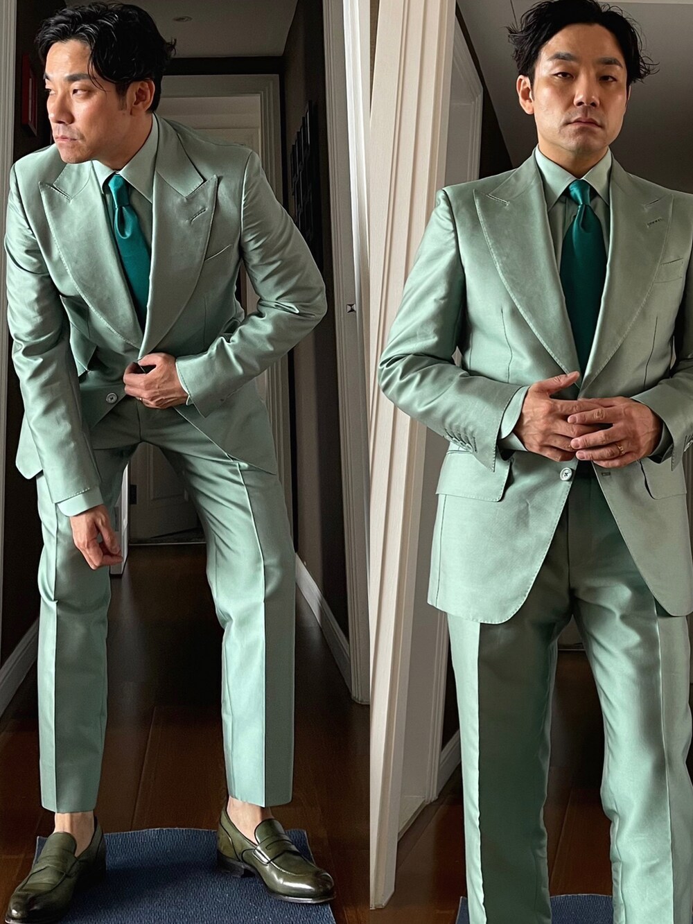 グリーン系のスーツセット、グリーン系のシャツ/ブラウス、グリーン系のシューズを着用したメンズの夏コーディネートの2枚目の写真