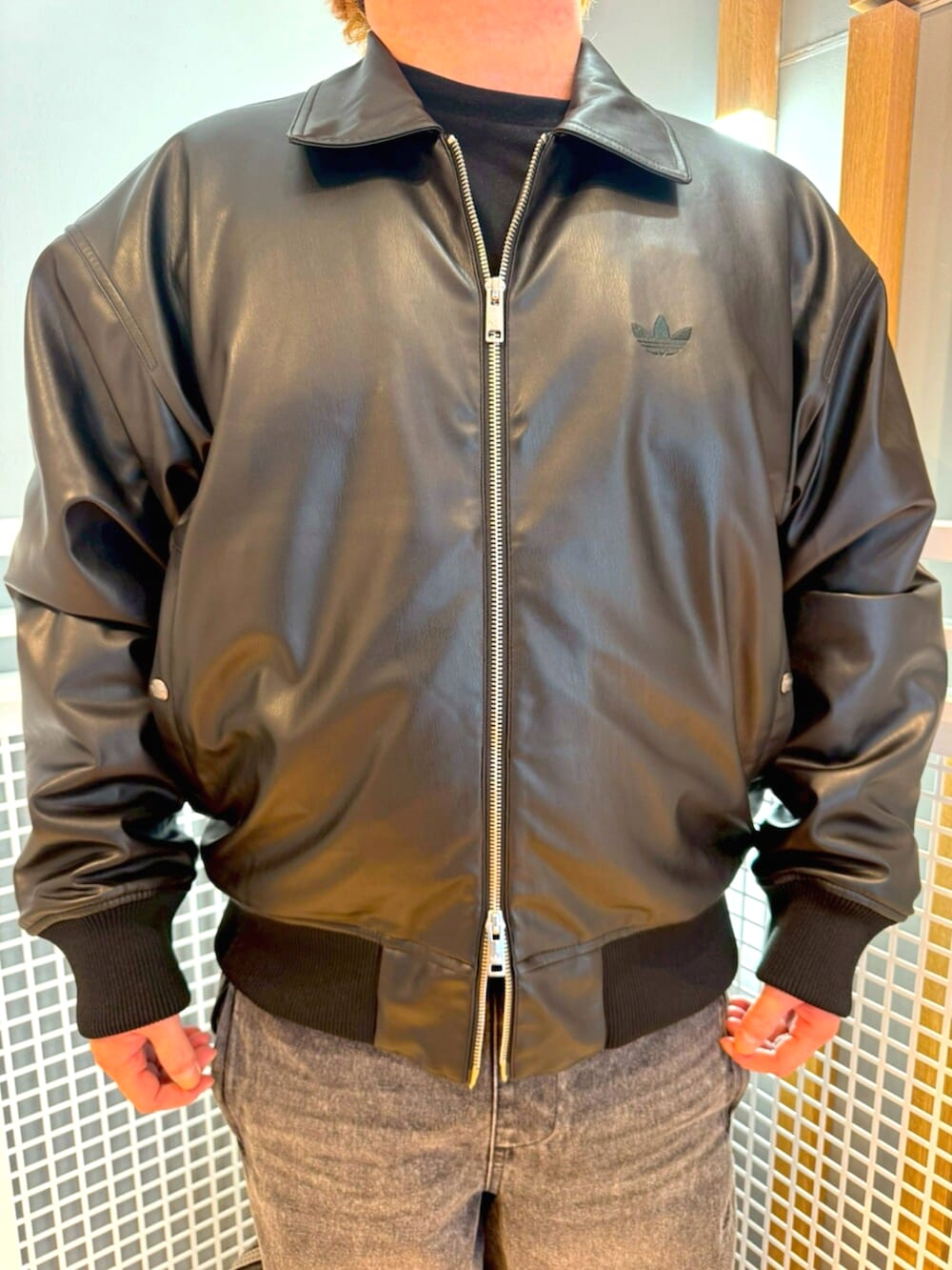 シルバー系のスニーカー、ブラック系のブルゾン、ブラック系のパンツを着用したメンズの冬コーディネートの2枚目の写真