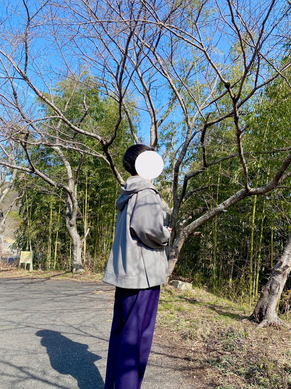 パープル系のスラックス、グレー系のマウンテンパーカー、グレー系のスウェットを着用したメンズの冬コーディネートの2枚目の写真