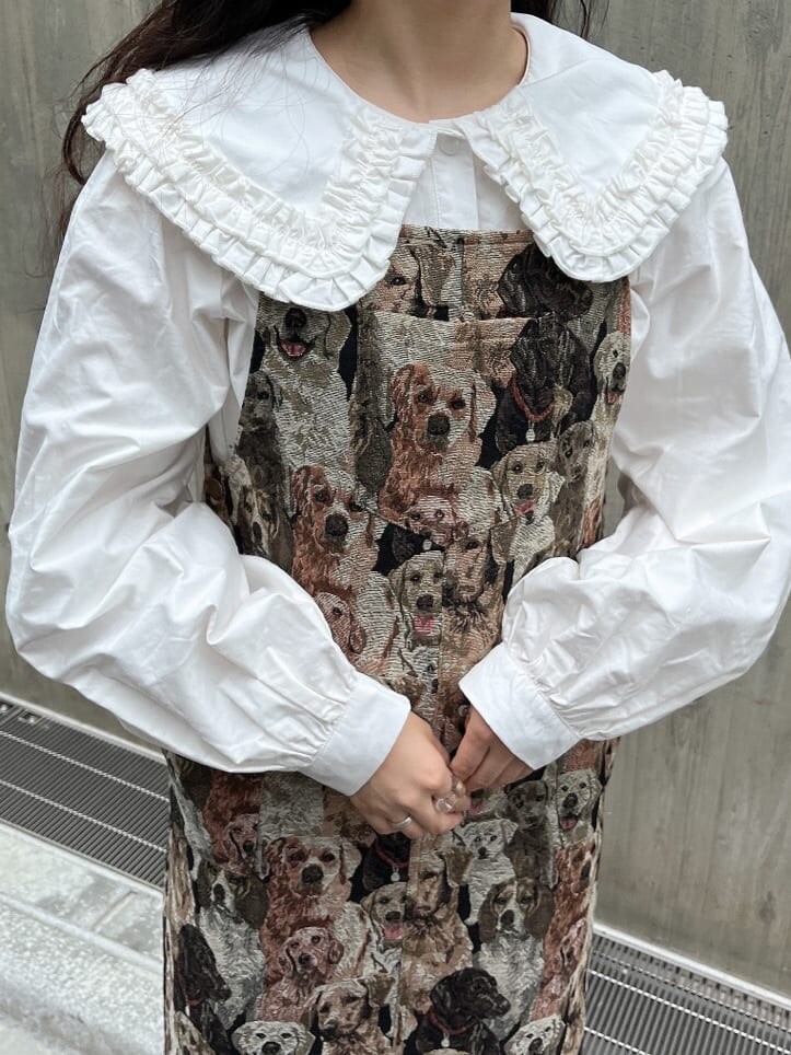 その他のジャンパースカート、ホワイト系のシャツ/ブラウス、ブラウン系のその他シューズを着用したレディースの秋コーディネートの3枚目の写真