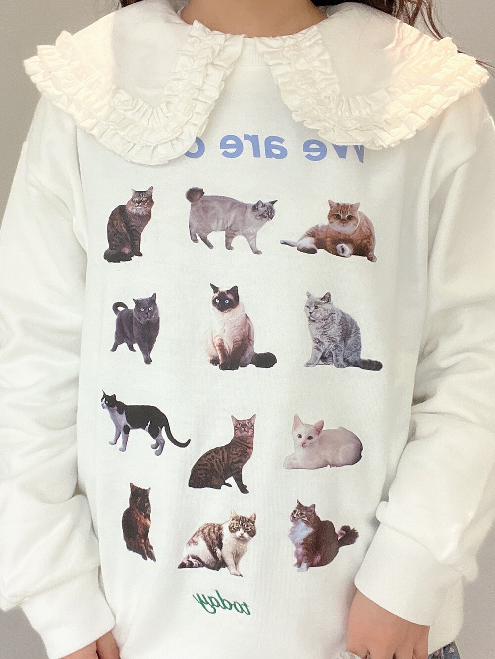ホワイト系のシャツ/ブラウス、ホワイト系のスウェット、ブルー系のジャンパースカートを着用したレディースの秋コーディネートの3枚目の写真