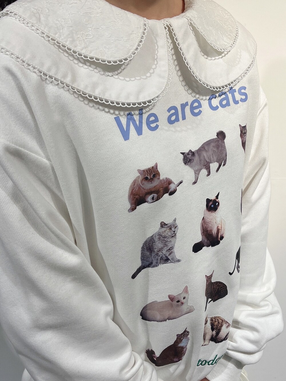 ホワイト系のシャツ/ブラウス、ホワイト系のスウェット、パープル系のブルゾンを着用したレディースの冬コーディネートの7枚目の写真