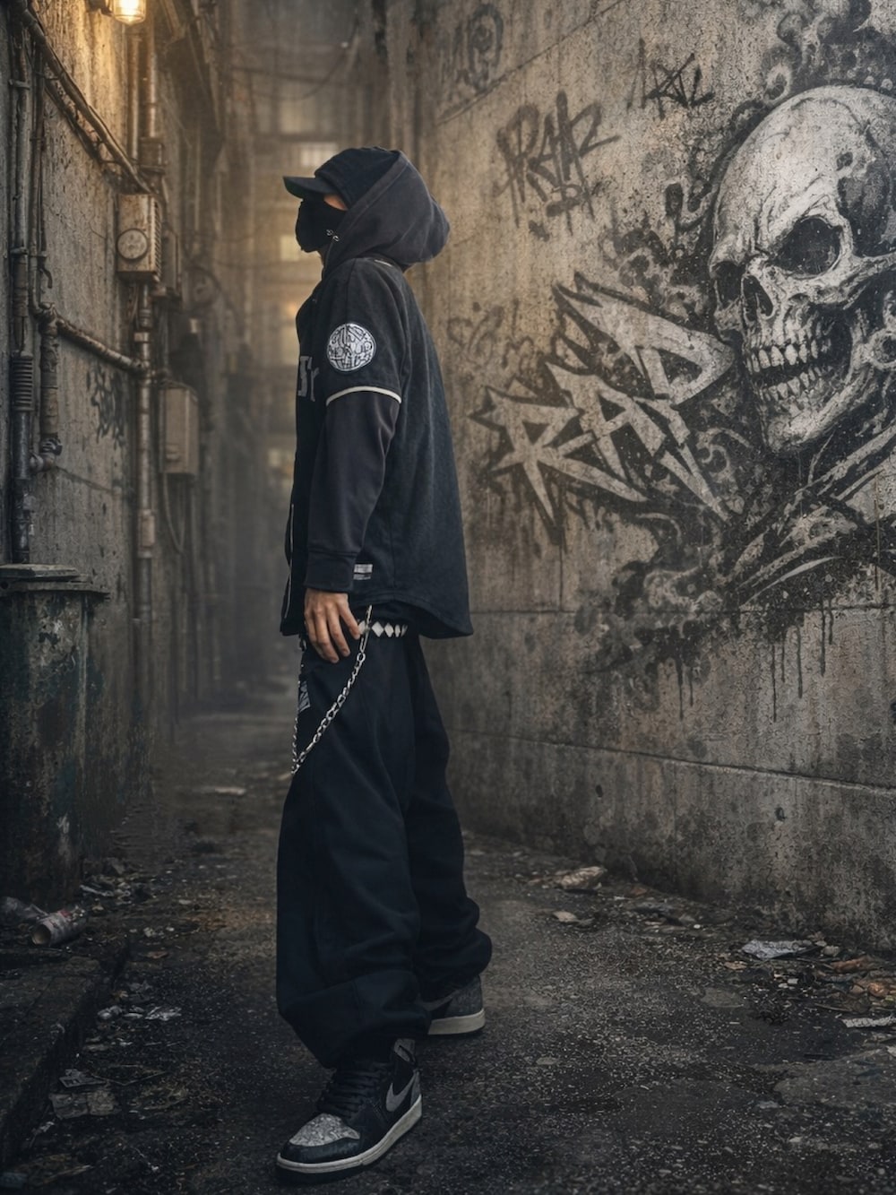 ブラック系のスウェットパンツ、グレー系のその他トップス、ブラック系のスニーカーを着用したメンズの冬コーディネートの2枚目の写真