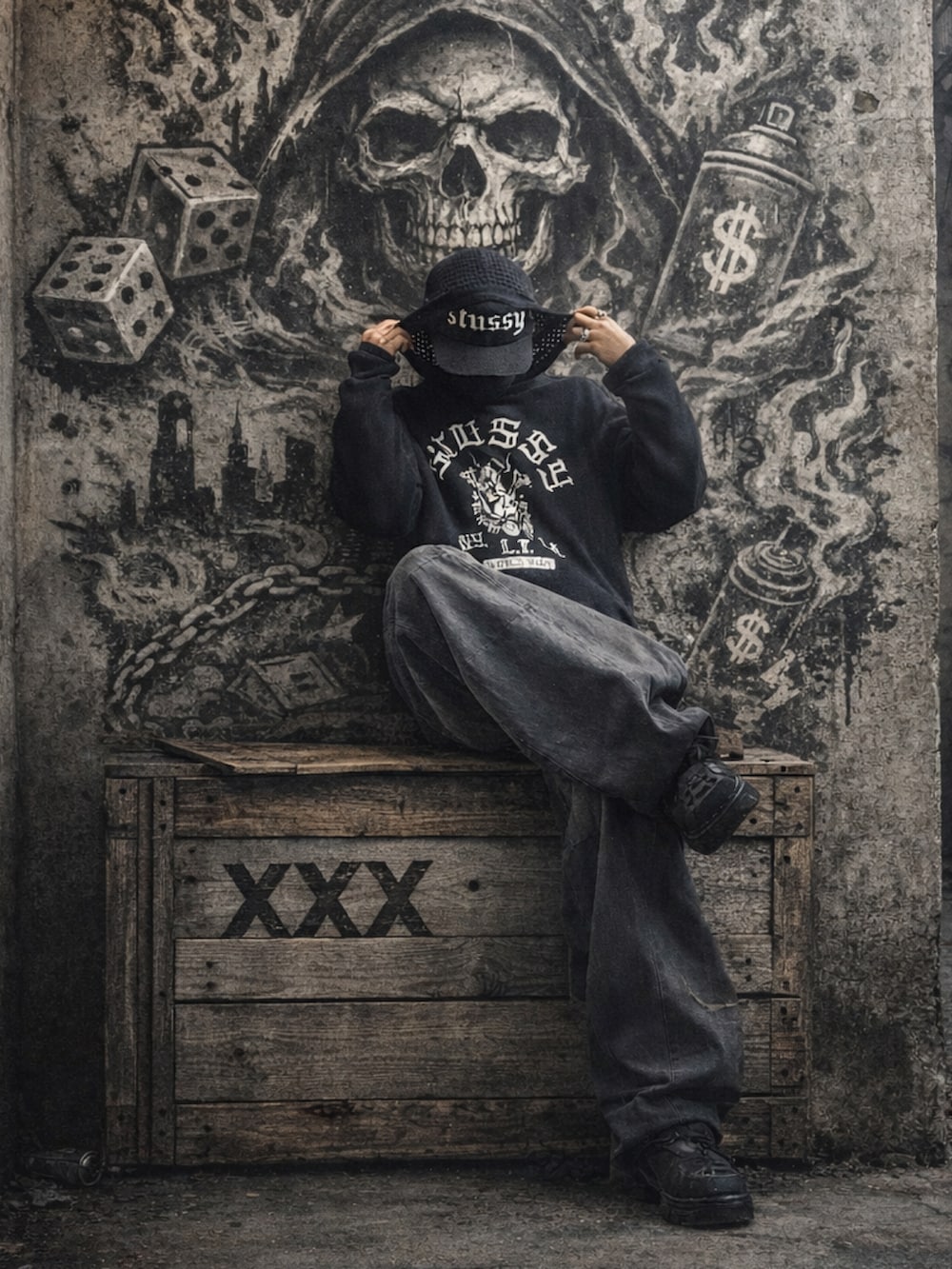 ブラック系のその他トップス、ブラック系のデニムパンツ、ブラック系のブーツを着用したメンズの冬コーディネートの3枚目の写真